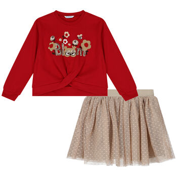 Girls Red & Beige Tulle Skirt Set